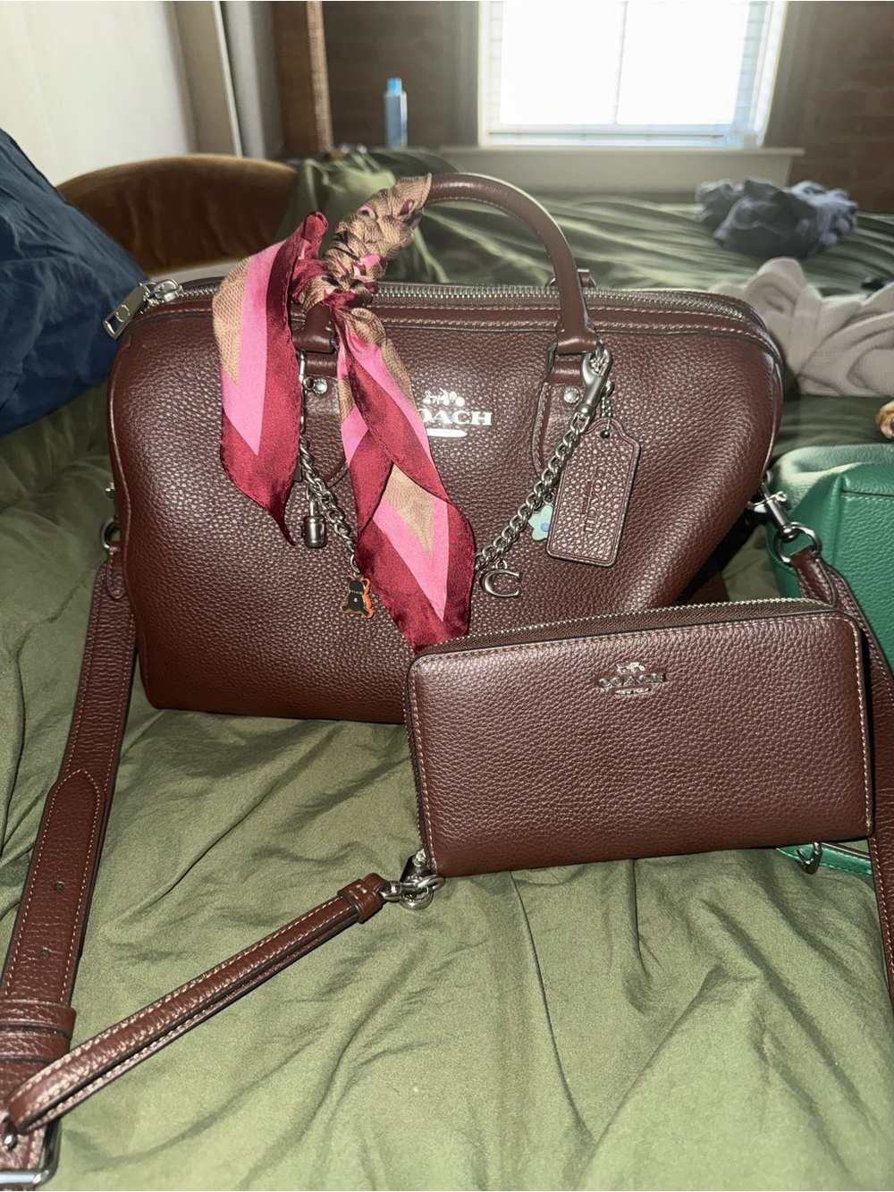 Coach Pebbled Leather Satchel and Wallet in Deep Brown with Pink Scarf Accent